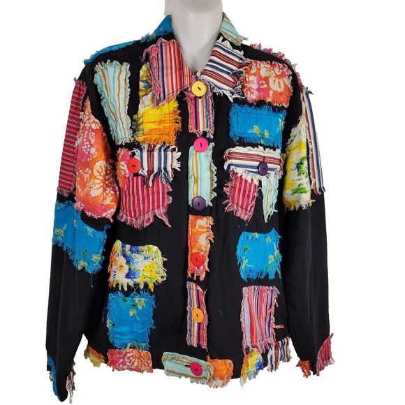 new directions Jackets & Blazers - Vtg New Direction Patchwork Jacket Black Cotton Button Medium Colorful Artsy 90s